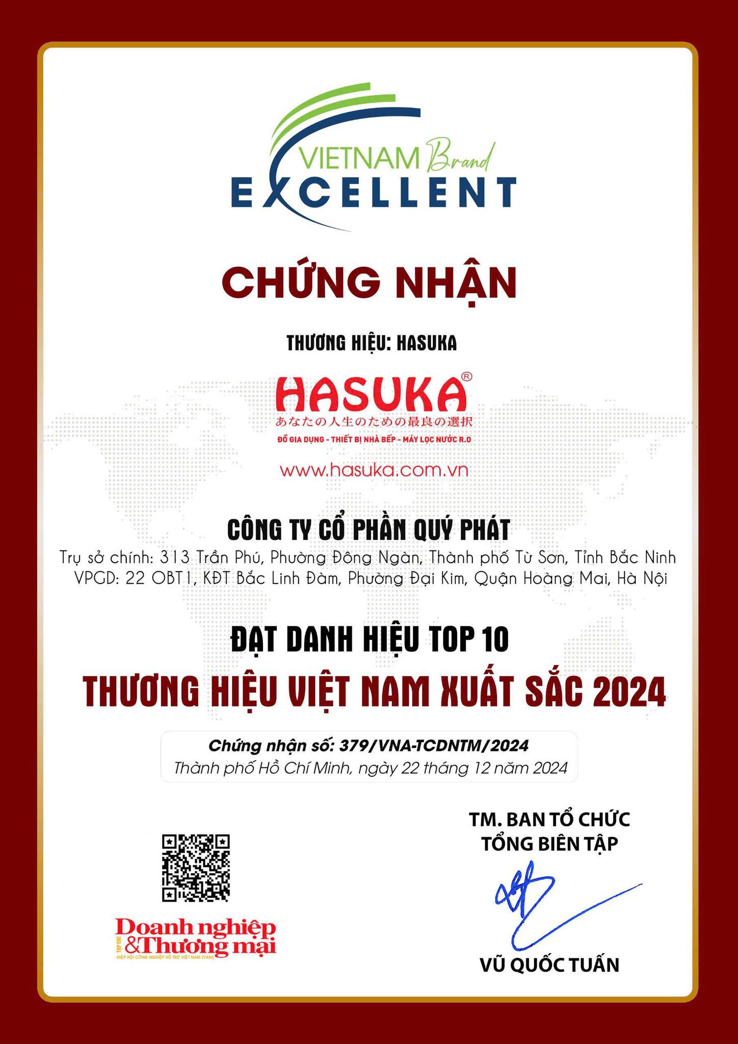 CÔNG TY CP QUÝ PHÁT - HASUKA VIỆT NAM ĐẠT DANH HIỆU TOP 10 THƯƠNG HIỆU VIỆT NAM XUẤT SẮC 2024
